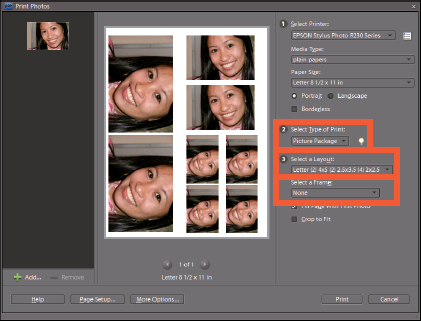 Choose Picture Package and select a layout for the package.
