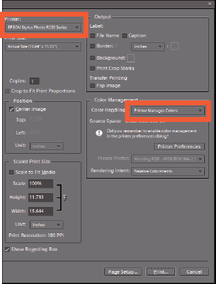 Look over the Color Management area in the Print dialog box for options on how to manage color.