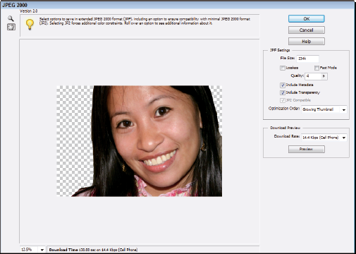 The JPEG 2000 dialog box.