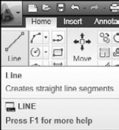 Hovering the cursor over the Line button displays a tooltip that shows the command and a description of its function.