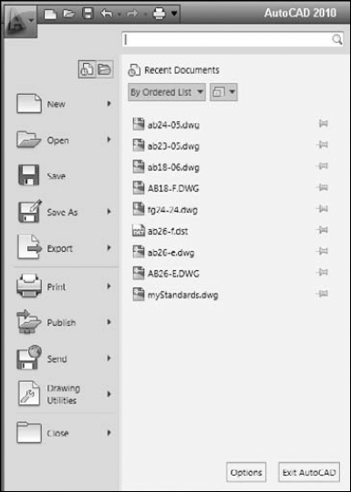 The Application Button offers file-related commands, recently opened drawings, access to other open drawings, and a Search box.