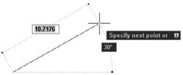 After specifying the first point of a line, the Dynamic Input bar prompts you for the next point.