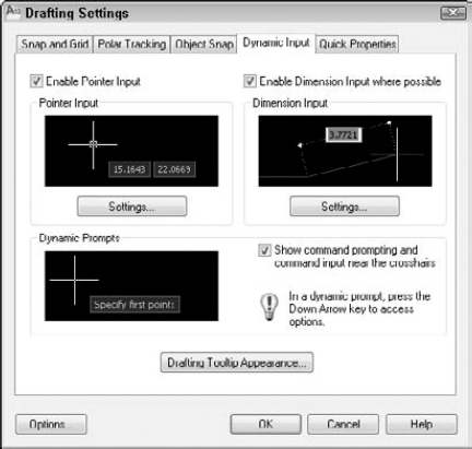 Use the Dynamic Input tab of the Drafting Settings dialog box to specify how your Dynamic Input works when you type coordinates.