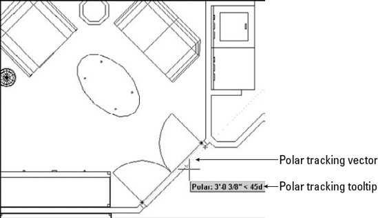 When polar tracking is on, a tooltip appears when you move the cursor close to one of the polar angles. Here you see a tooltip indicating an angle of 45 degrees.