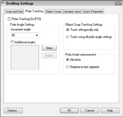 The Polar Tracking tab of the Drafting Settings dialog box.