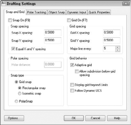 The Snap and Grid tab of the Drafting Settings dialog box. (The AutoCAD LT dialog box is slightly different.)