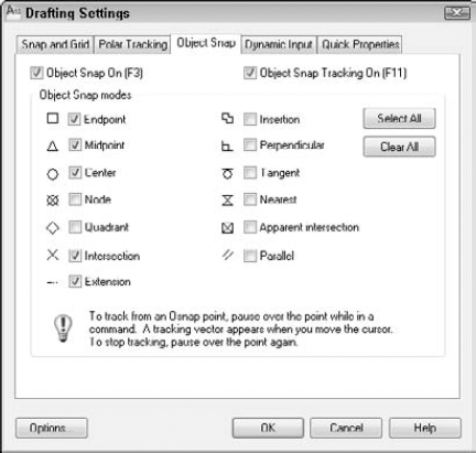 Use the Object Snap tab of the Drafting Settings dialog box to set running object snaps.