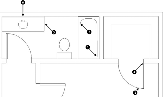 The tub, door, and sink to be completed in this plan layout.