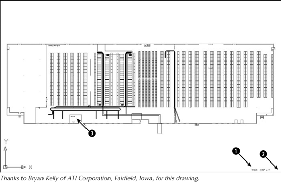 A drawing of a large warehouse, with shelving and conveyor belts.