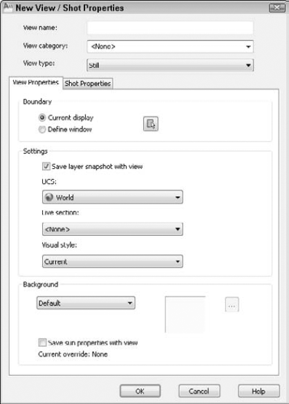 The New View / Shot Properties dialog box, with the View Properties tab active.