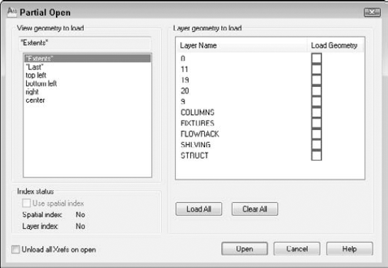 Use the Partial Open dialog box to open only the part of a drawing contained in a named view.