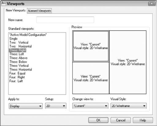 The Viewports dialog box makes it easy to choose a configuration.