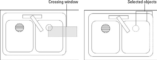 Selecting objects with a crossing window. The crossing window selects any objects that lie within or partly within the window.