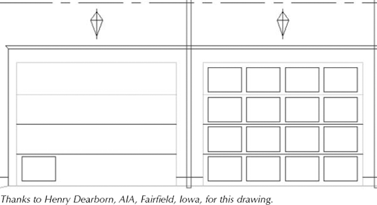 The garage door was drawn with one panel, as shown on the left side. A rectangular array created the rest of the door panels, as shown on the right.