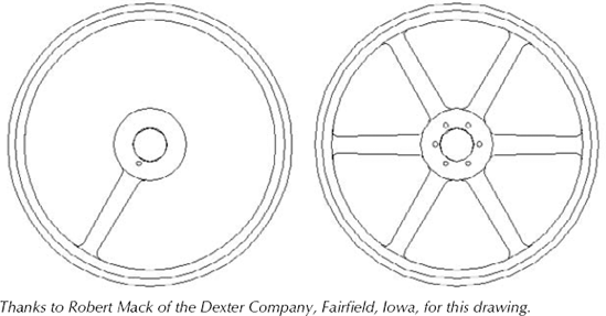 The pulley was drawn with one spoke, as shown on the left. A polar array created the additional spokes.