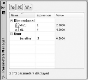 The Parameters Manager palette lets you modify dimensional parameters and create user parameters.