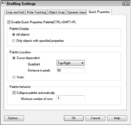 You can configure the Quick Properties palette from the Drafting Settings dialog box.