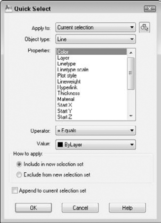 Use the Quick Select dialog box to quickly create a selection set of objects based on specified criteria.