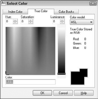 The True Color tab of the Select Color dialog box offers a more precise way to define color.