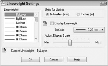 The Lineweight Settings dialog box lets you format how lineweights are measured and displayed.