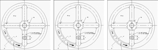 Three versions of a drawing, using linetype scales of 0.5, 1, and 2.