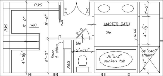 The master-bathroom plan drawing with added single-line text.