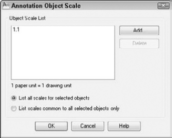 You can add or delete scales for annotative objects in the Annotation Object Scale dialog box.