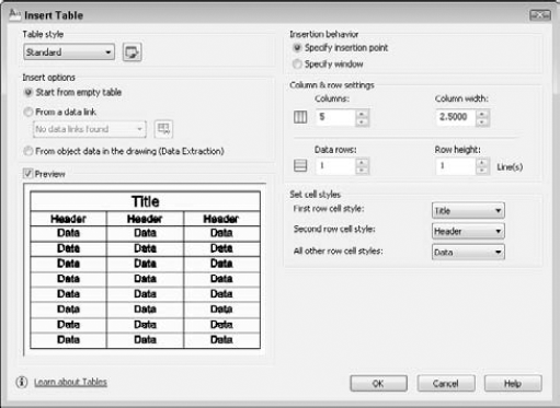 Use the Insert Table dialog box to create a table in your drawing.