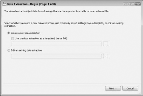 The Data Extraction Wizard guides you through the process of creating a table from object data.