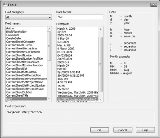 Use the Field dialog box to choose, format, and insert a field into your drawing.