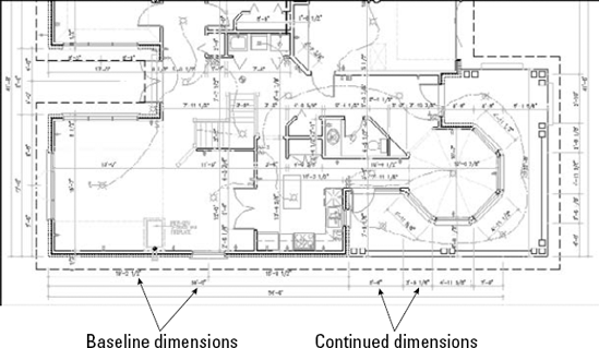 A floor plan of a house using both baseline and continued dimensions.