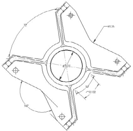 The bearing housing with center marks, radial and diameter dimensions, arc length, and angular dimensions.