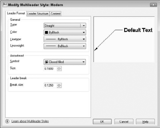 Define a multileader style in the Modify Multileader Style dialog box.