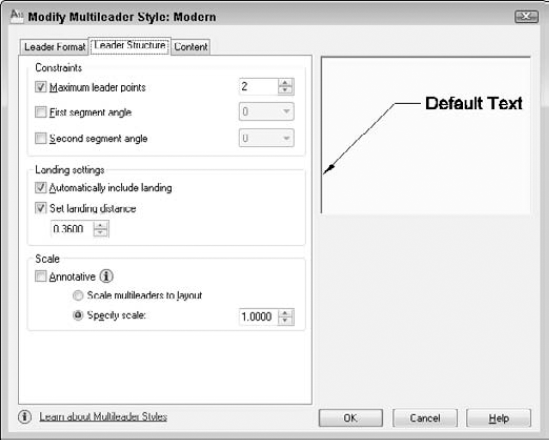 The Leader Structure tab of the Modify Multileader Style dialog box lets you specify detailed information about the leader line.