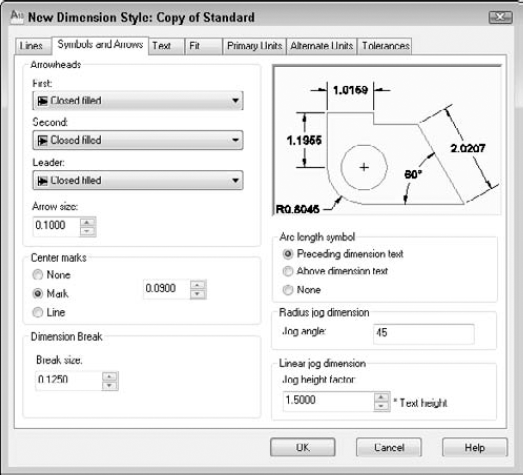 The Symbols and Arrows tab lets you define arrowheads and fine-tune dimension symbols.