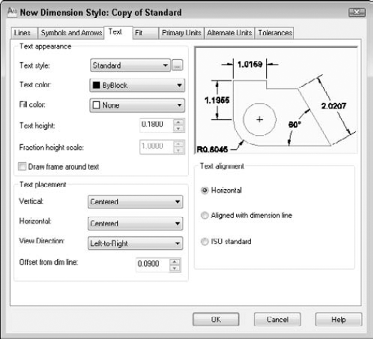 The Text tab of the New Dimension Style dialog box.