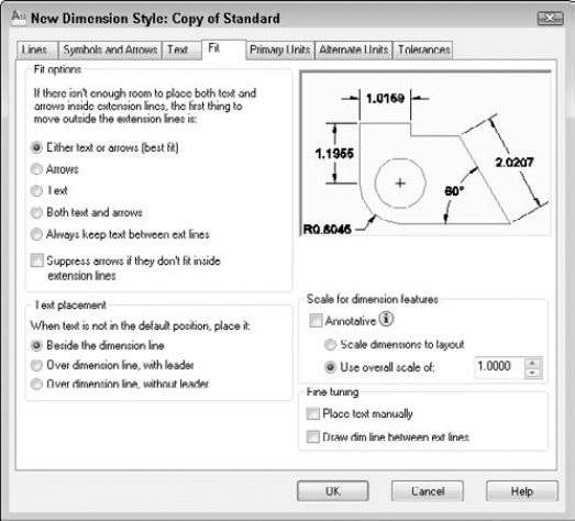 The Fit tab of the New Dimension Style dialog box.