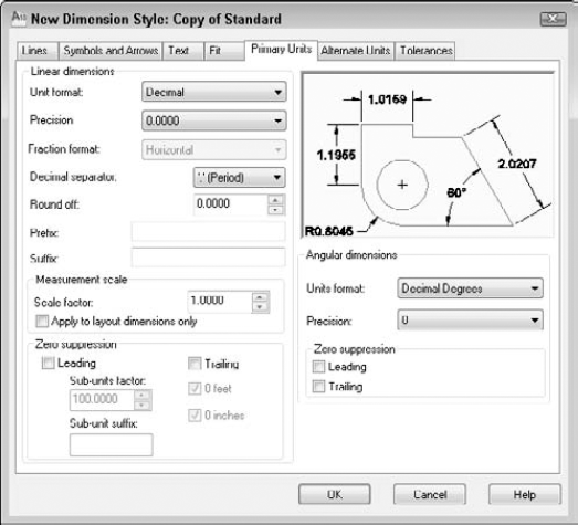 The Primary Units tab of the New Dimension Style dialog box.