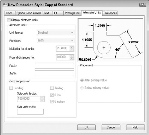 The Alternate Units tab of the Modify Dimension Style dialog box.