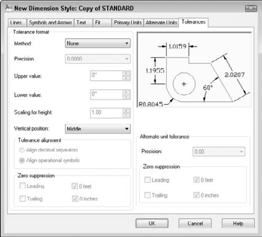 The Tolerances tab of the New Dimension Style dialog box.