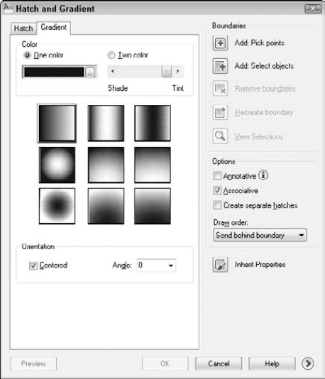 Use the Gradient tab of the Hatch and Gradient dialog box to create gradient fills of closed objects.