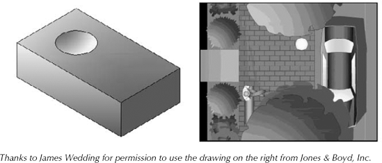 The gradient on the left gives the illusion of light shining from the left. On the right, you see a sophisticated use of gradients to create a presentation-quality drawing.