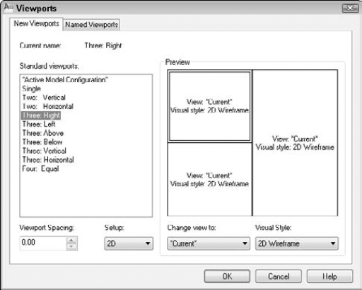 Use the Viewports dialog box to choose one of the standard configurations of floating viewports.