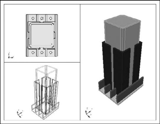 In this drawing, one viewport displays a wireframe, one a hidden view, and one a rendered view.