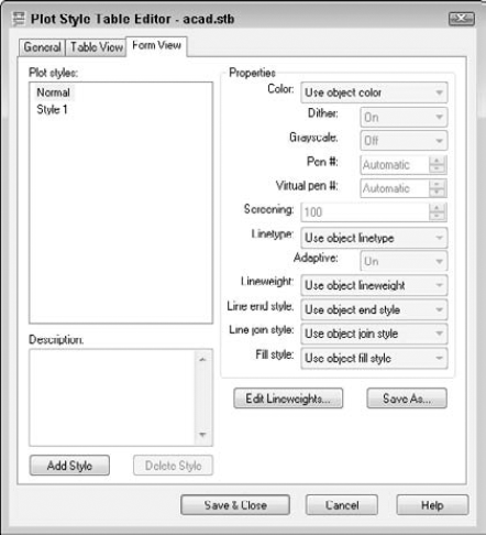 The Form View tab of the Plot Style Table Editor.