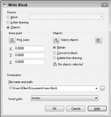 Use the Write Block dialog box to save a block as a separate drawing file.