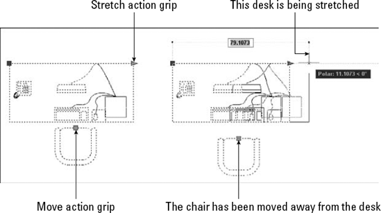 This dynamic block contains components that enable you to stretch the desk's length and move the chair.