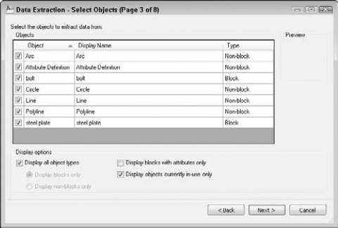 The Select Objects screen of the Data Extraction Wizard.