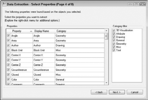 The Select Properties screen of the Data Extraction Wizard.