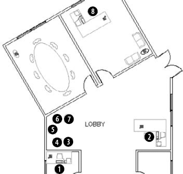 The office building plan includes several blocks of armchairs with invisible attributes.